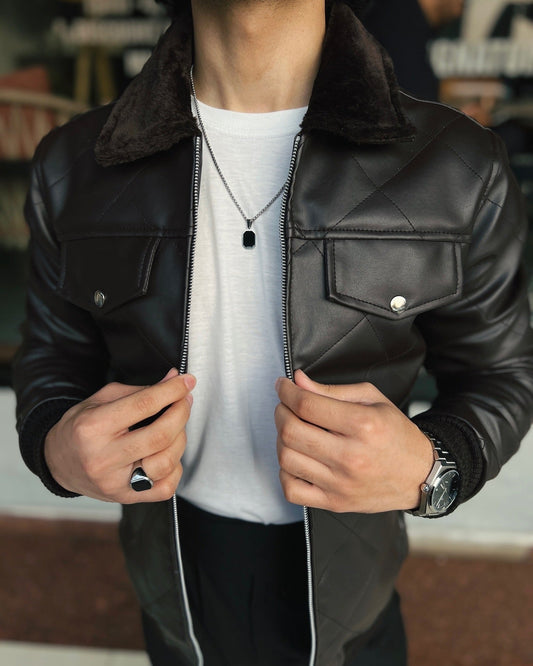 HOLLYWOOD-STYLE COFFEE BROWN DIAMOND-CUT LEATHER JACKET